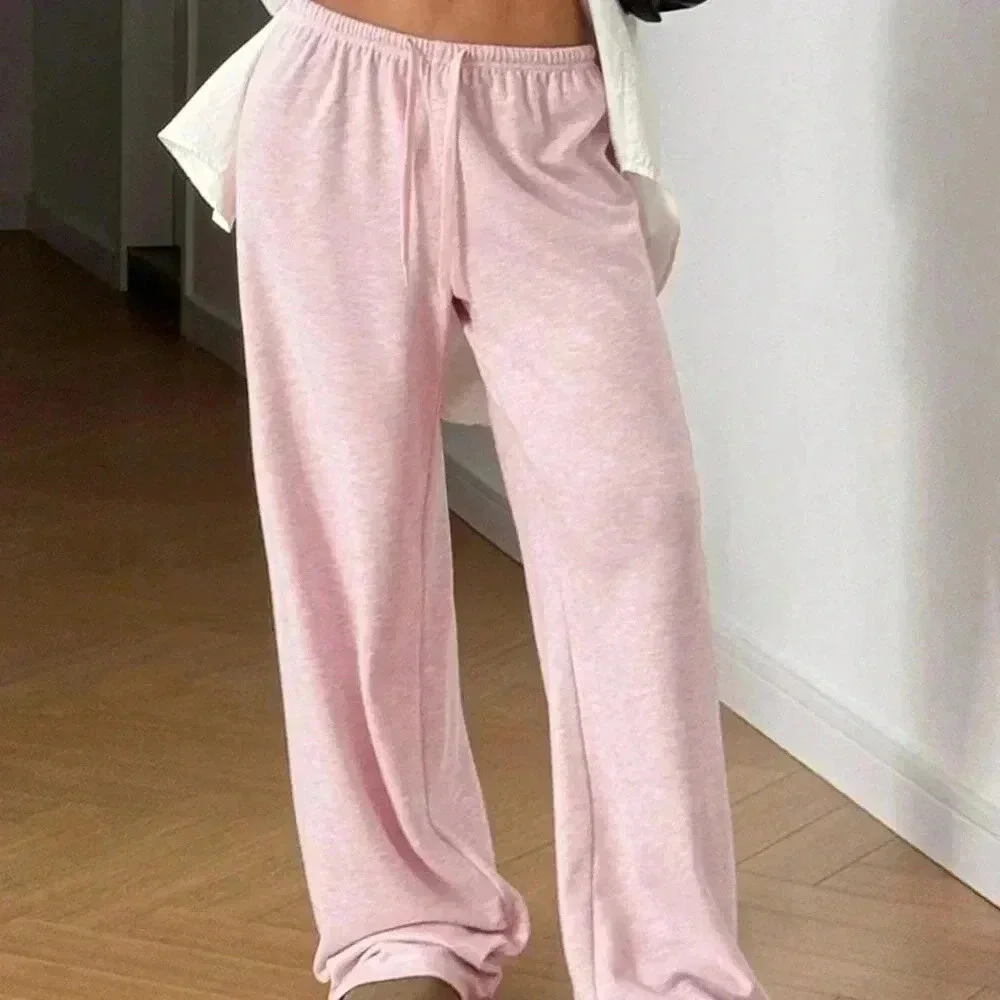 Pink Casual Women's Drawstring Waist Soft Knit Loose Pants